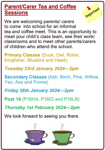 2pm: Secondary classes parent/carer tea and coffee sessions